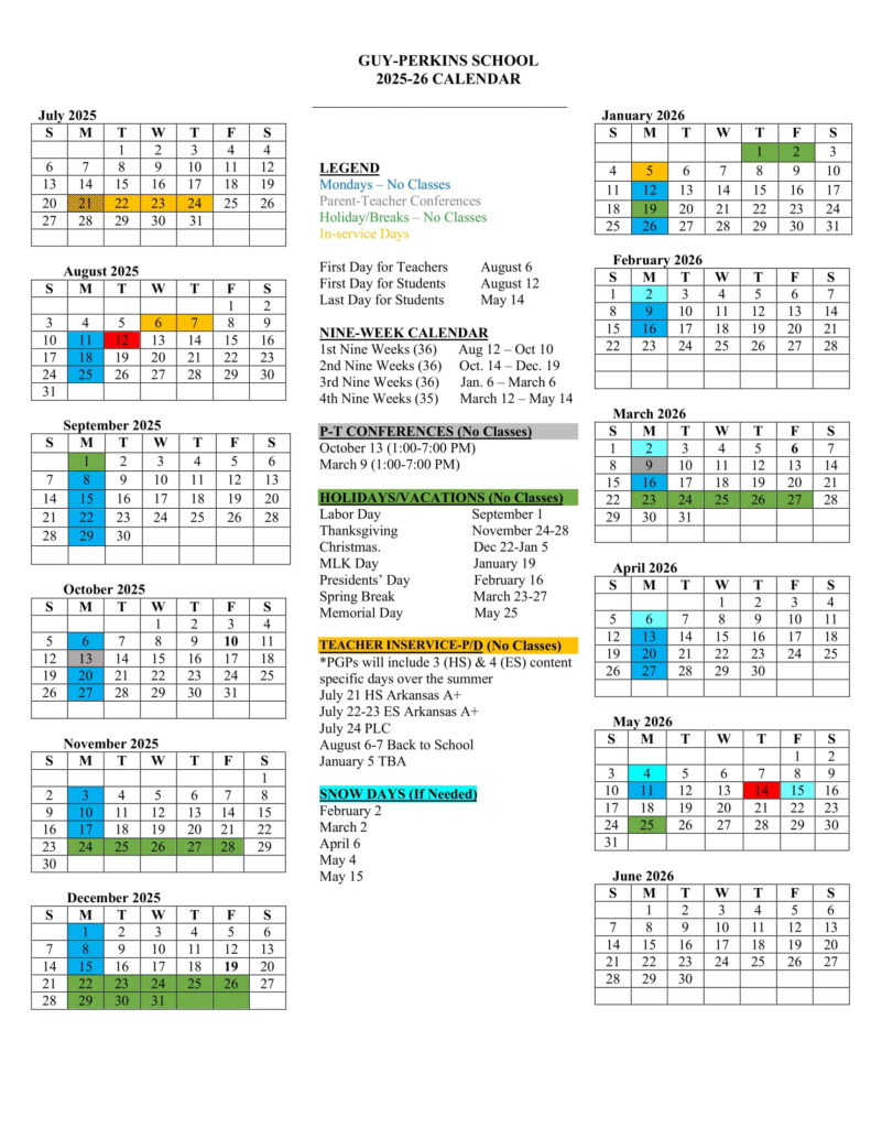 Guy-Perkins Schools calendar