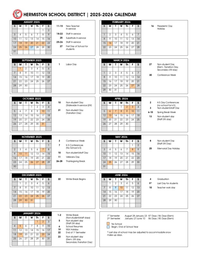 hermiston SCHOOL CALENDAR