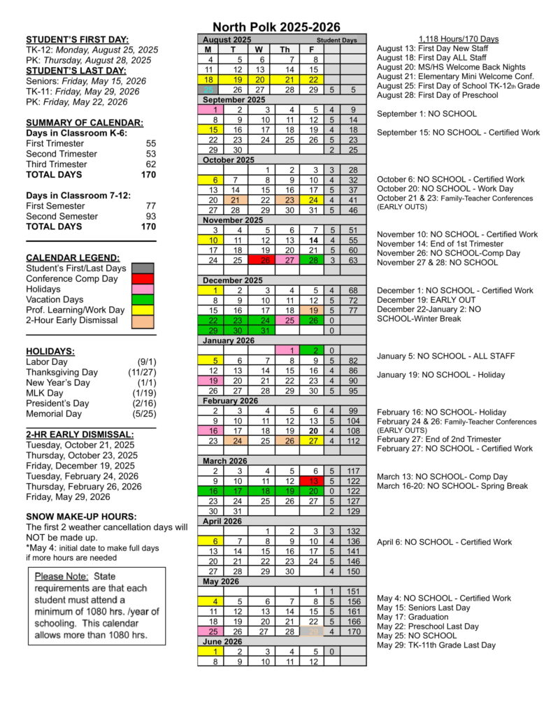North Polk Community School District calendar
