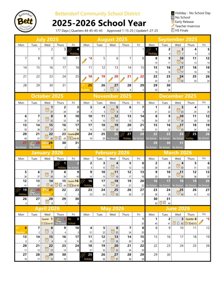 Bettendorf Community School District Calendar 25-26 Revised [pdf
