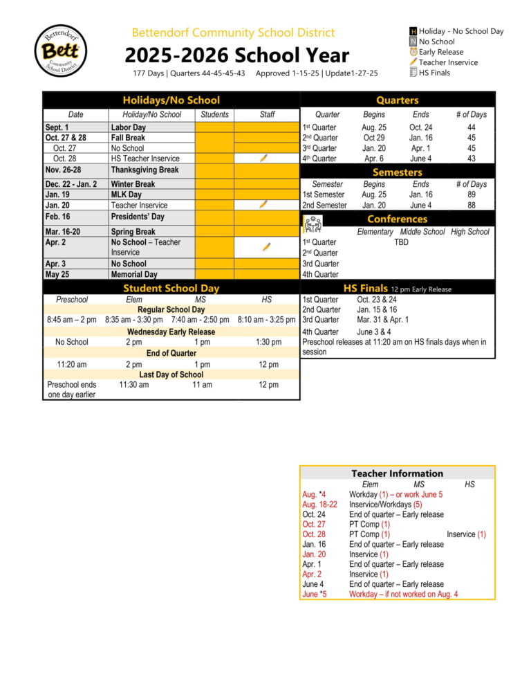 Bettendorf Community School District Calendar 25-26 Revised [pdf