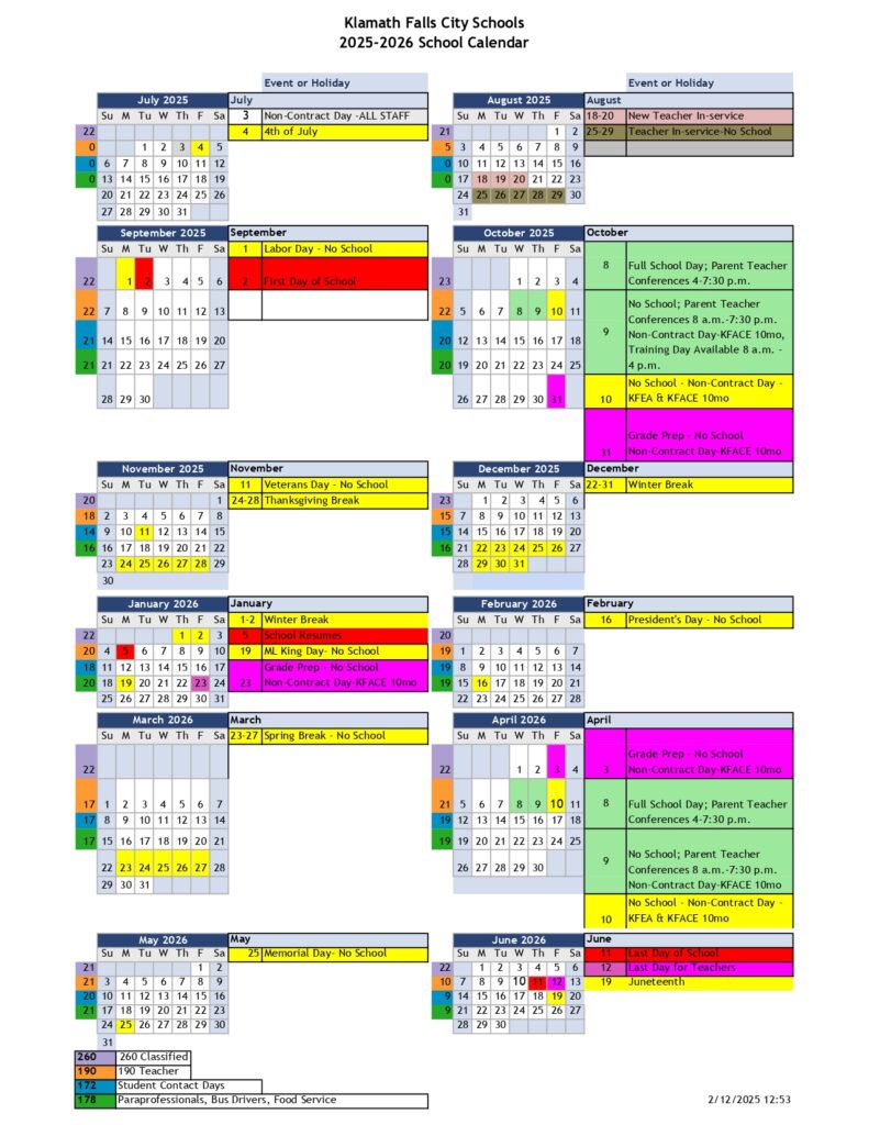 Klamath Falls City Schools calendar