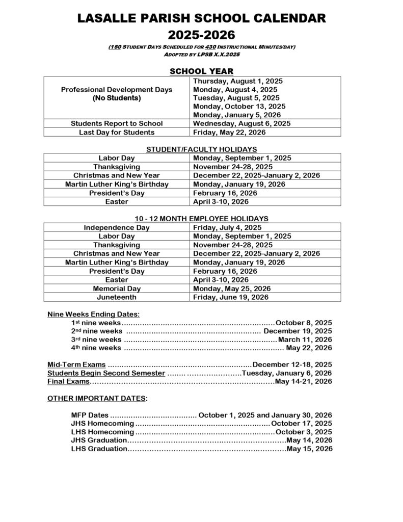 LASALLE PARISH SCHOOL 25-26 CALENDAR