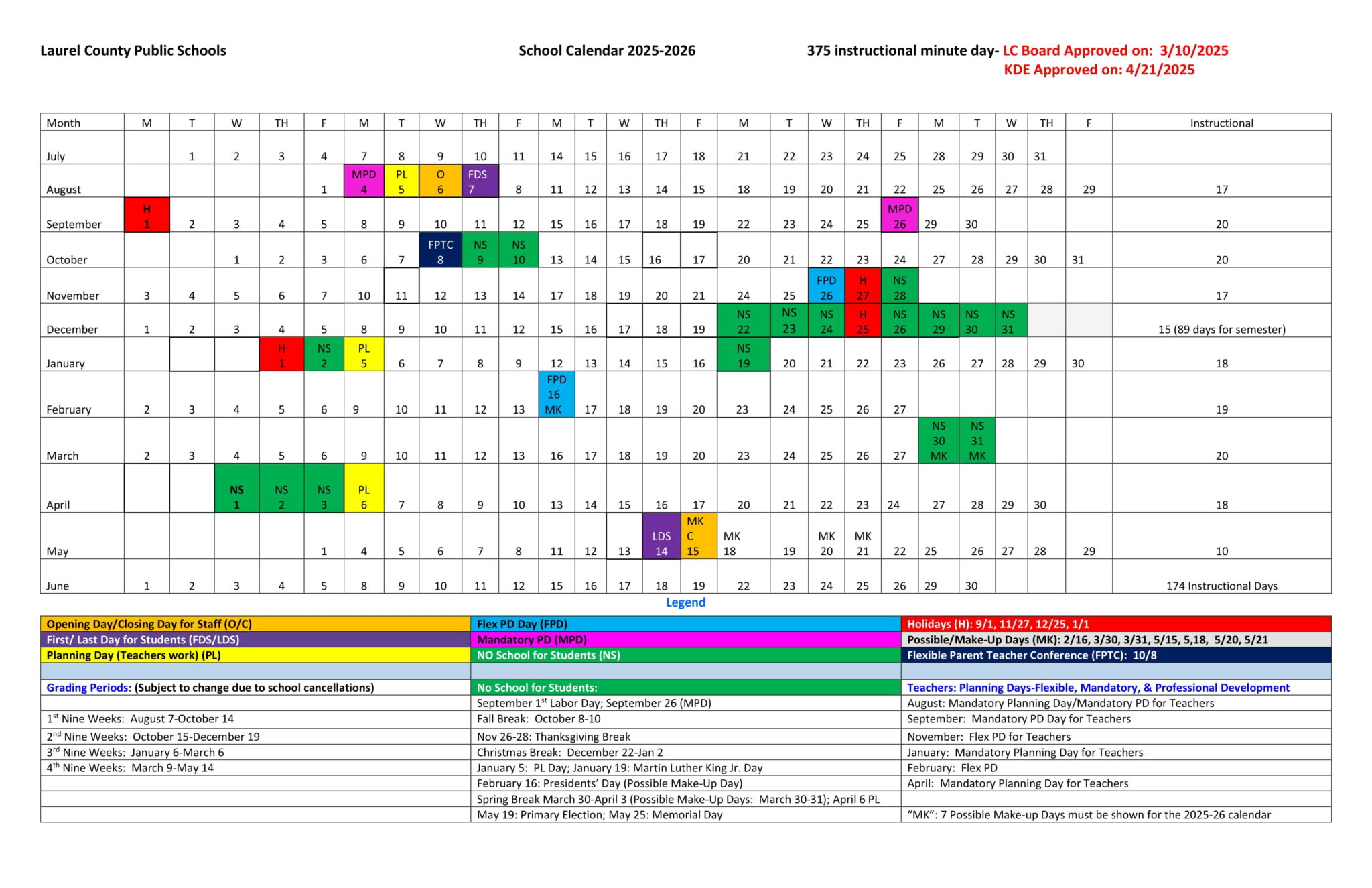 Laurel County Public Schools KY Calendar 25 26 Revised PDF EduCounty
