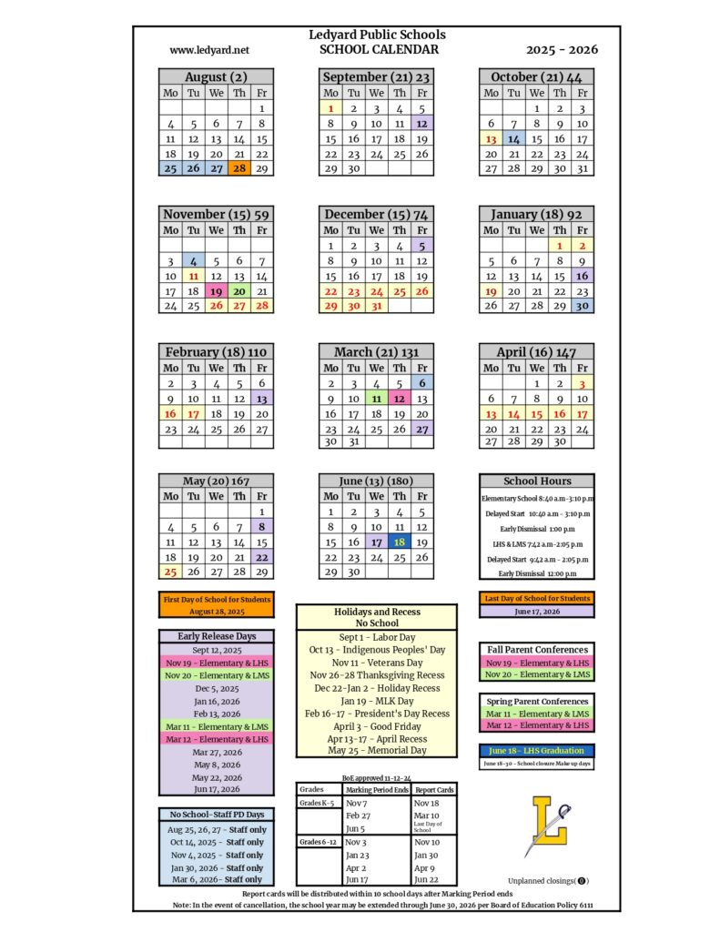Ledyard Public Schools 25-26 calendar