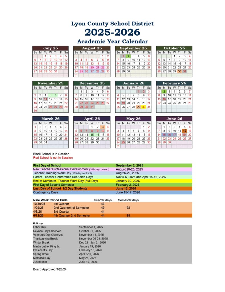 Lyon County School District 25-26 calendar