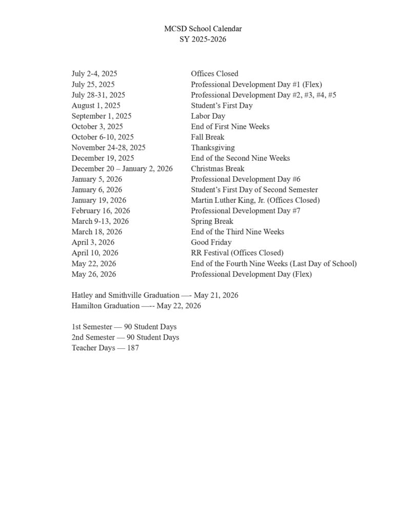 MCSD School Calendar 25-26