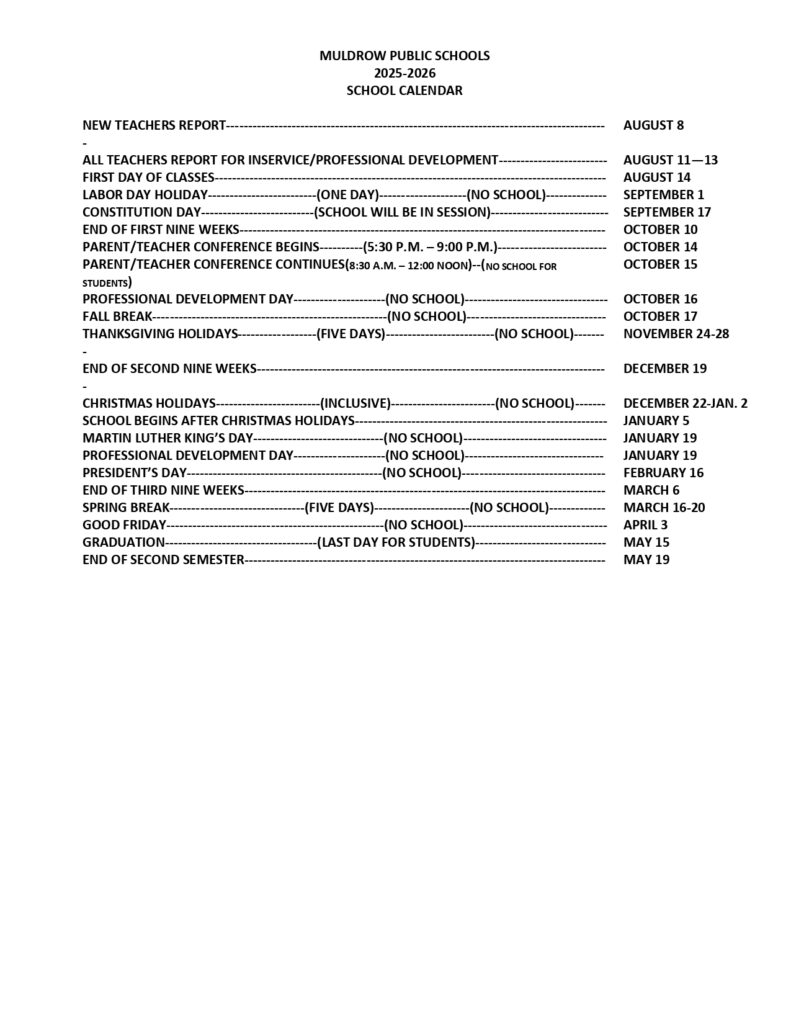Muldrow Public Schools calendar