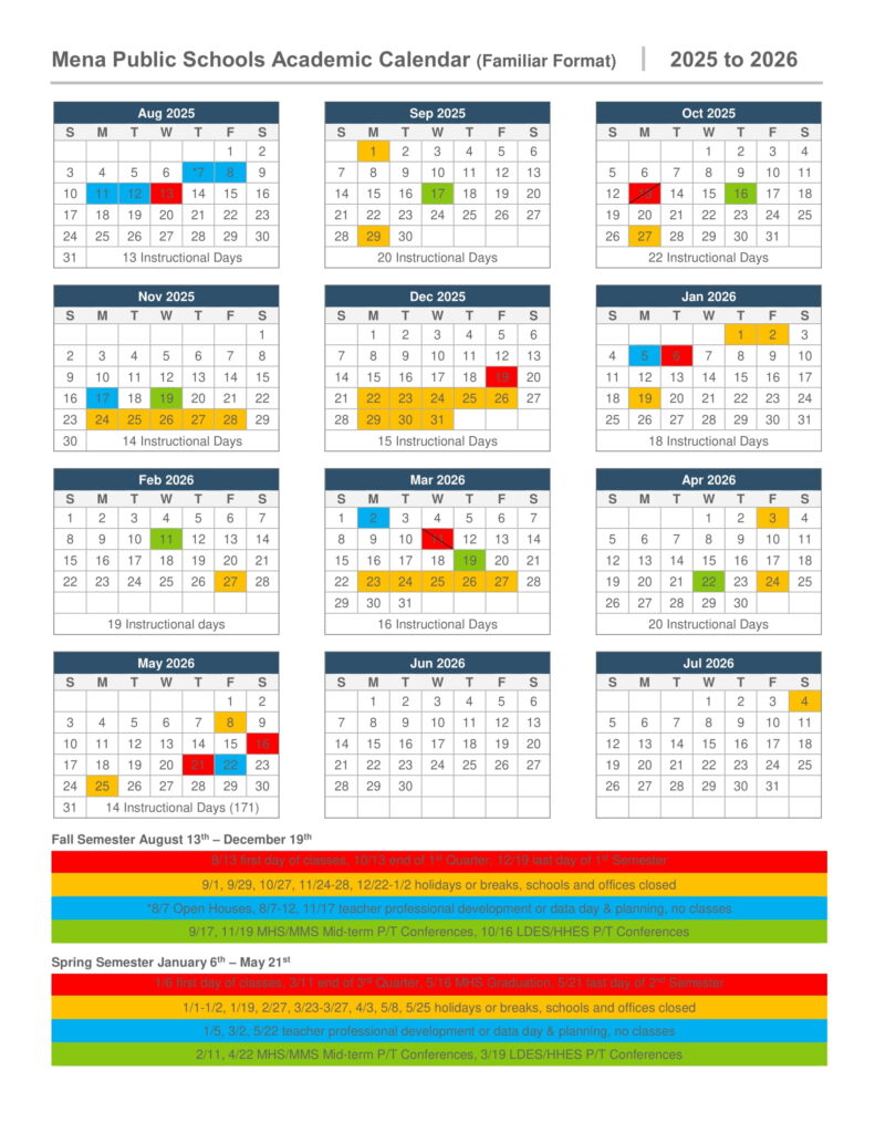 Mena School District calendar