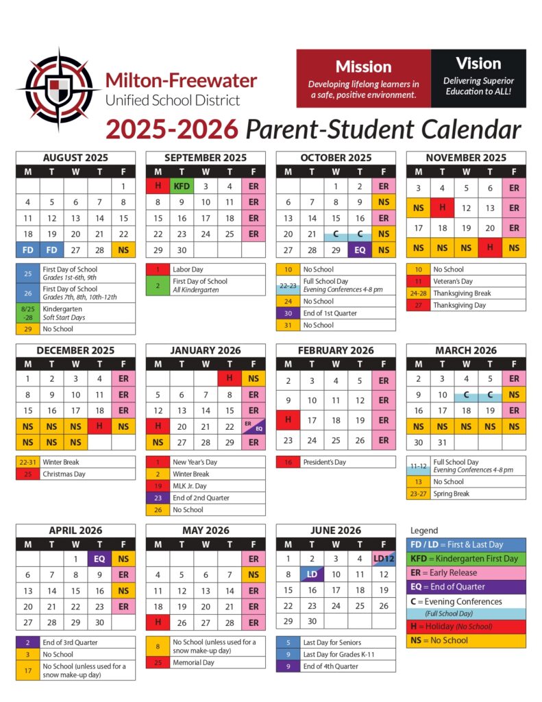 Milton-Freewater Unified School District 7 Logo CALENDAR