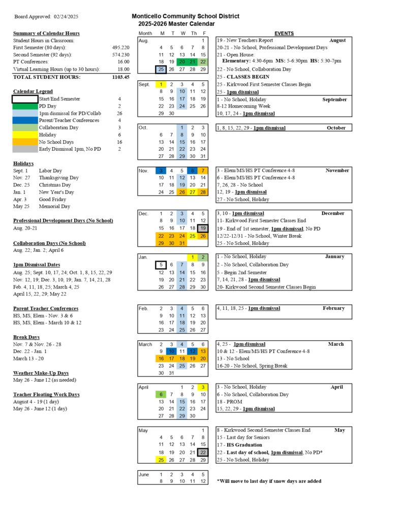 Monticello Community School District calendar