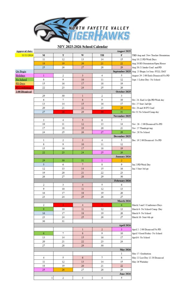 NORTH FAYETTE VALLEY TIGERHAWKS 25-26 calendar