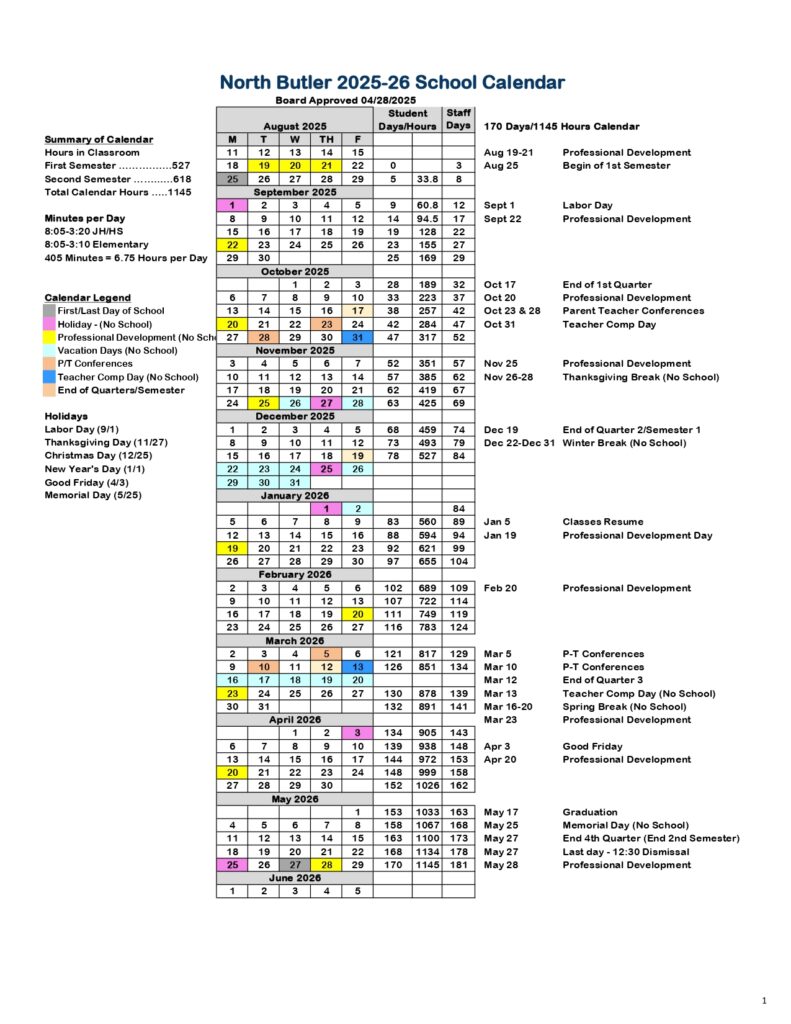 North Butler Schools ia calendar