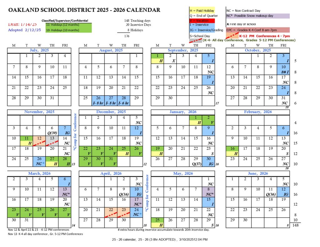 OAKLAND SCHOOL DISTRICT, 25-26 calendar