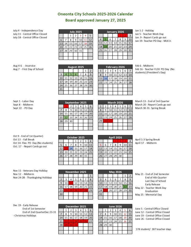 oneonta city schools calendar
