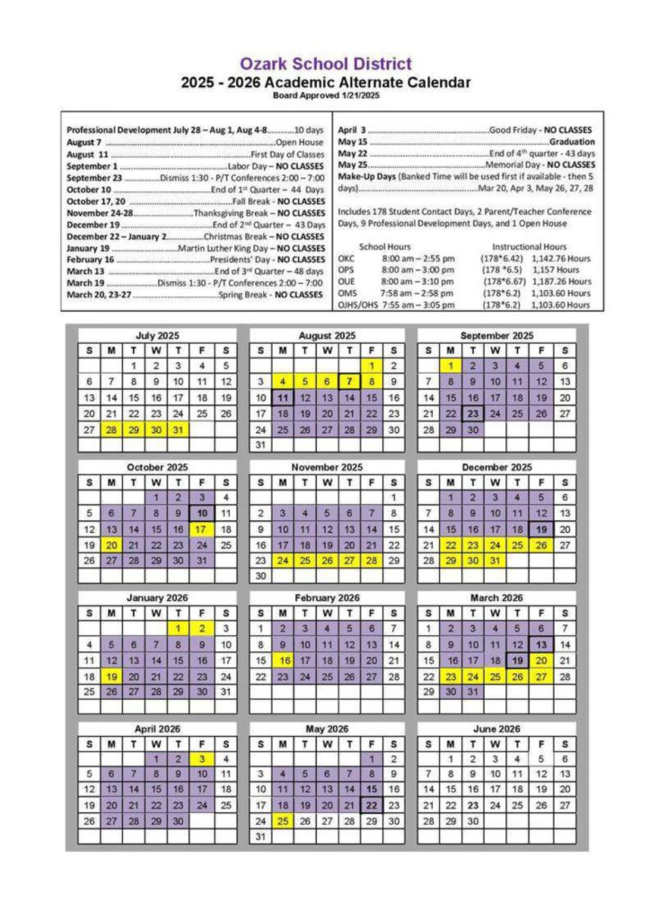 Ozark School District, 25-26 calendar