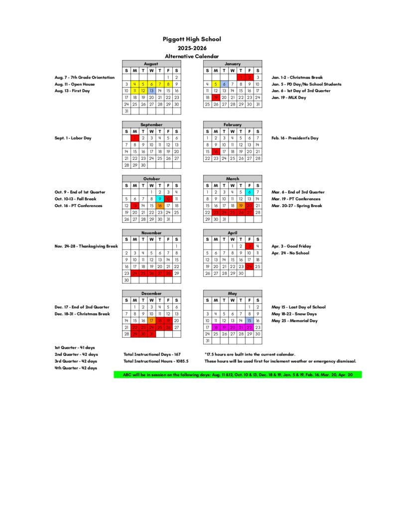 Piggott School District calendar