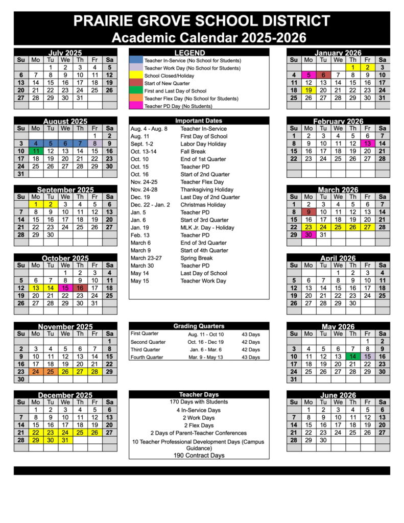 Prairie Grove School District calendar