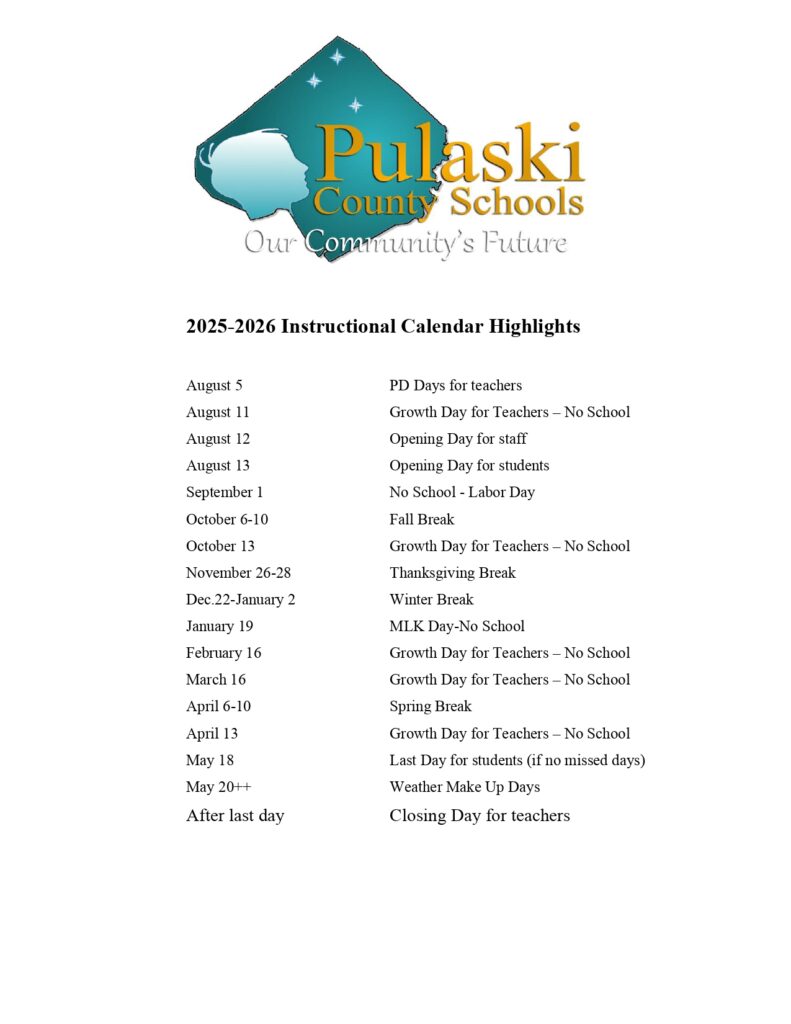 Pulaski County Schools calendar