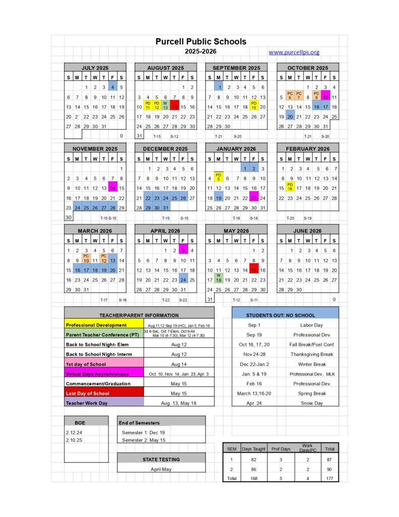 Purcell Public Schools calendar