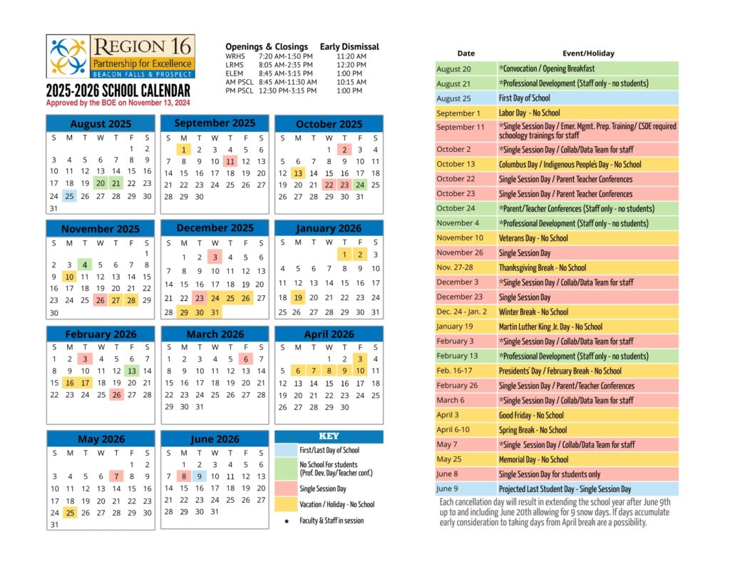 region 16 Calendar