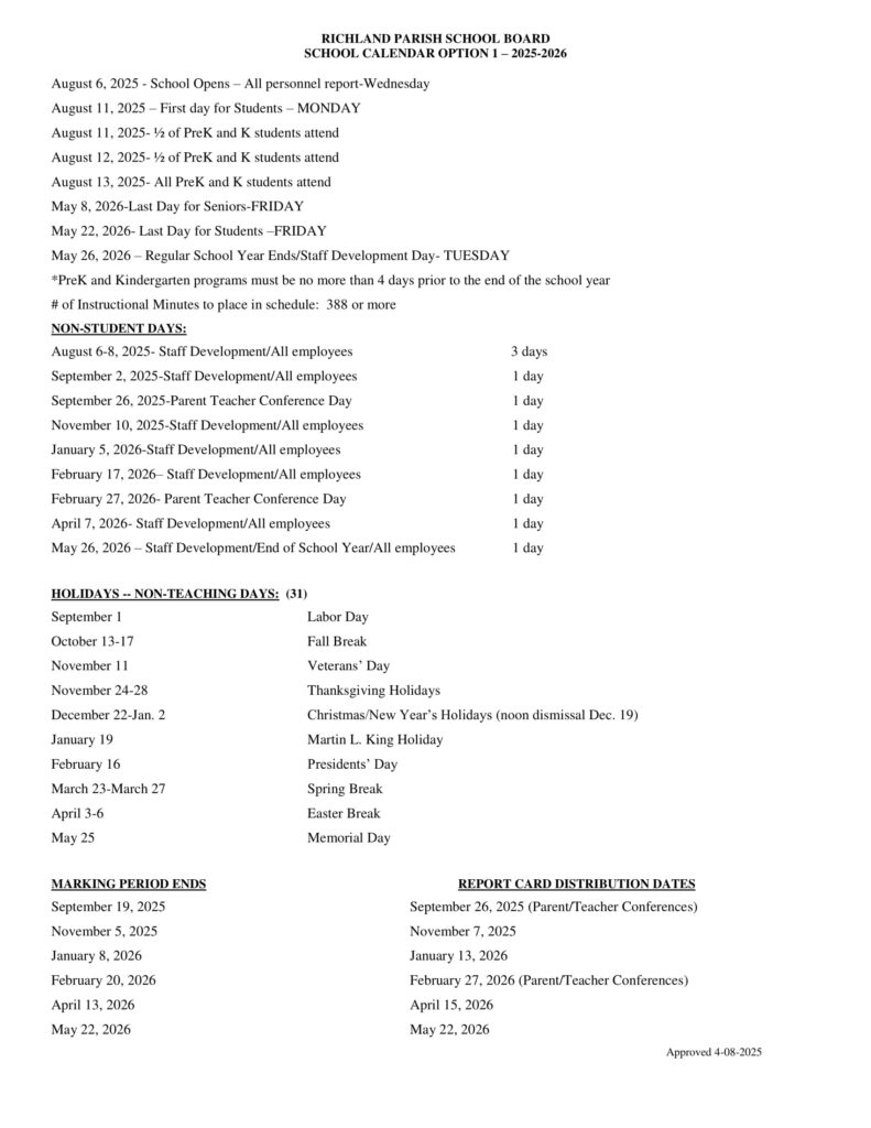 Richland Parish School Board CALENDAR