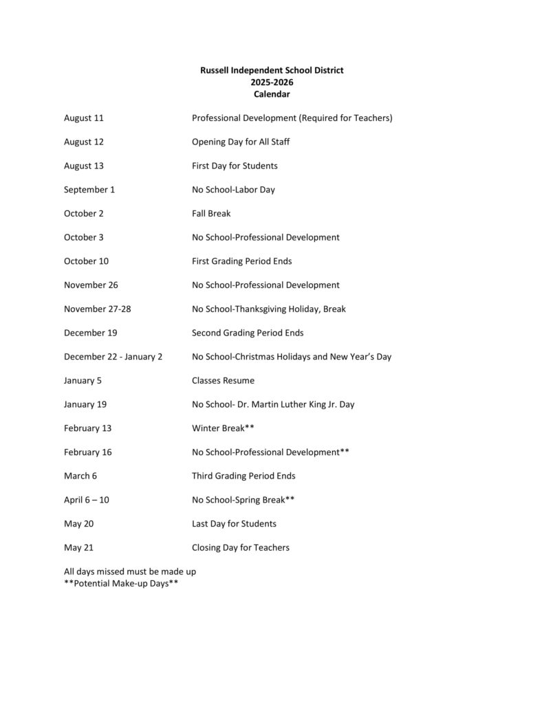 Russellville Independent School District calendar