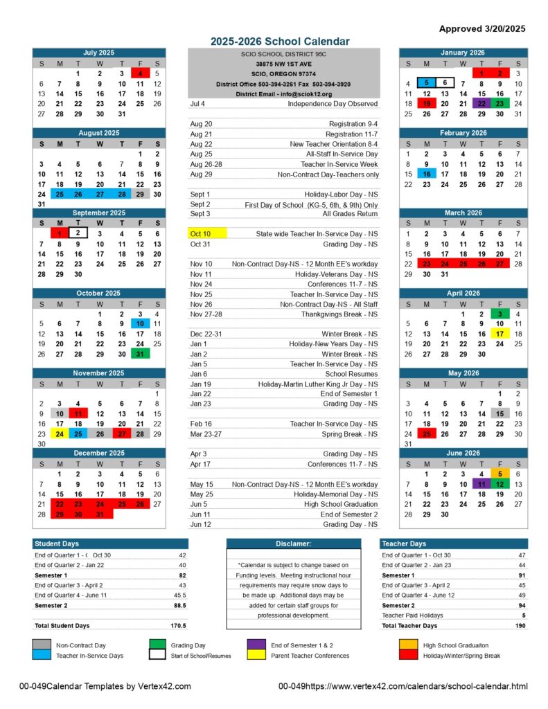 SCIO SCHOOL DISTRICT 95C 25-26, CALENDAR