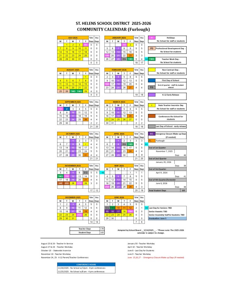 ST HELENS SCHOOL DISTRICT CALENDAR
