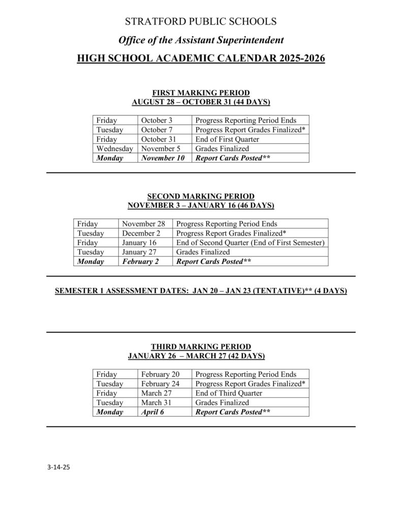 Stratford Public High School Calendar 25-26 Revised [pdf] - EduCounty