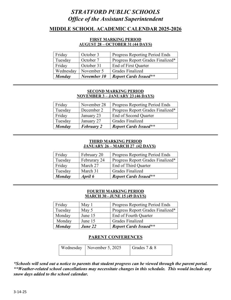Stratford Public Schools CT Calendar 25-26 Revised [pdf] - EduCounty
