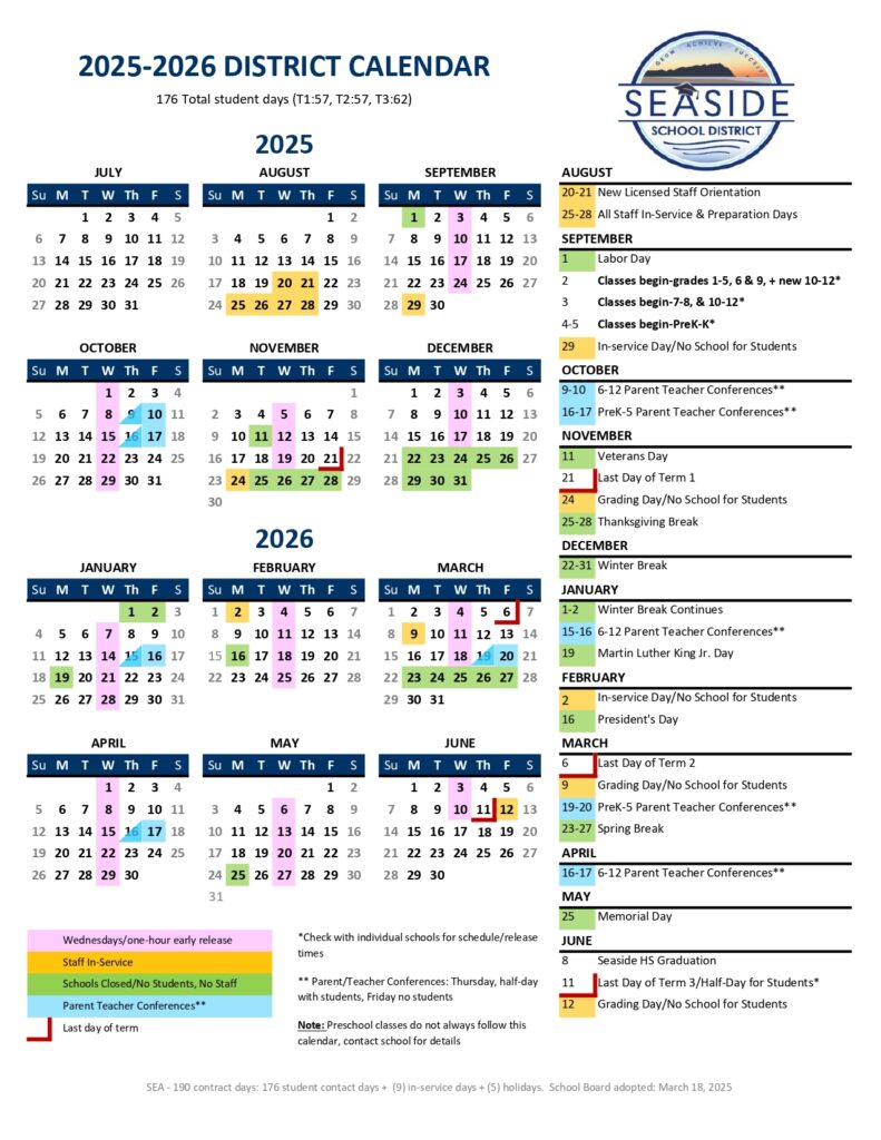 SEASIDE SCHOOL DISTRICT CALENDAR