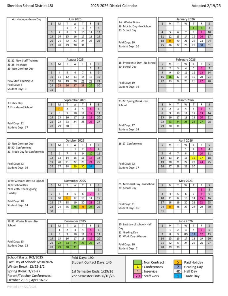 Sheridan School District CALENDAR