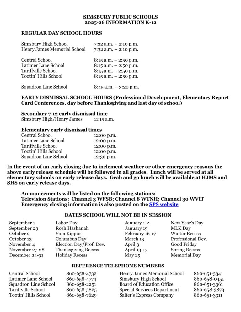 Simsbury Public Schools Calendar CT 25 26 Revised pdf EduCounty