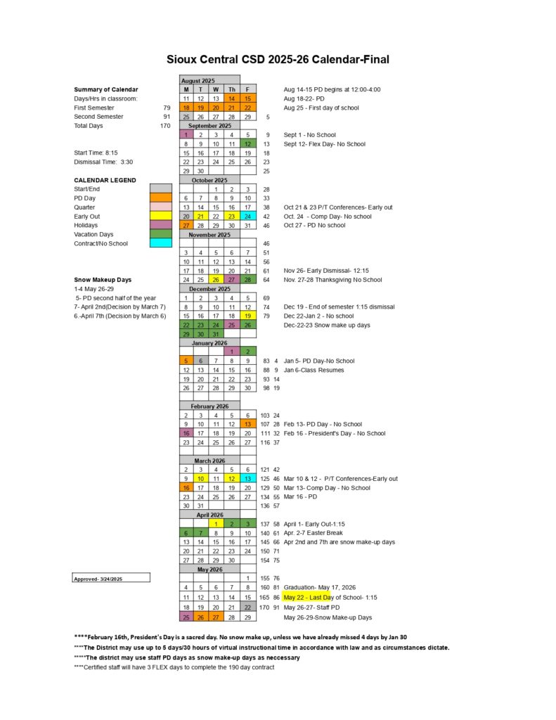 Sioux Central Community School District calendar