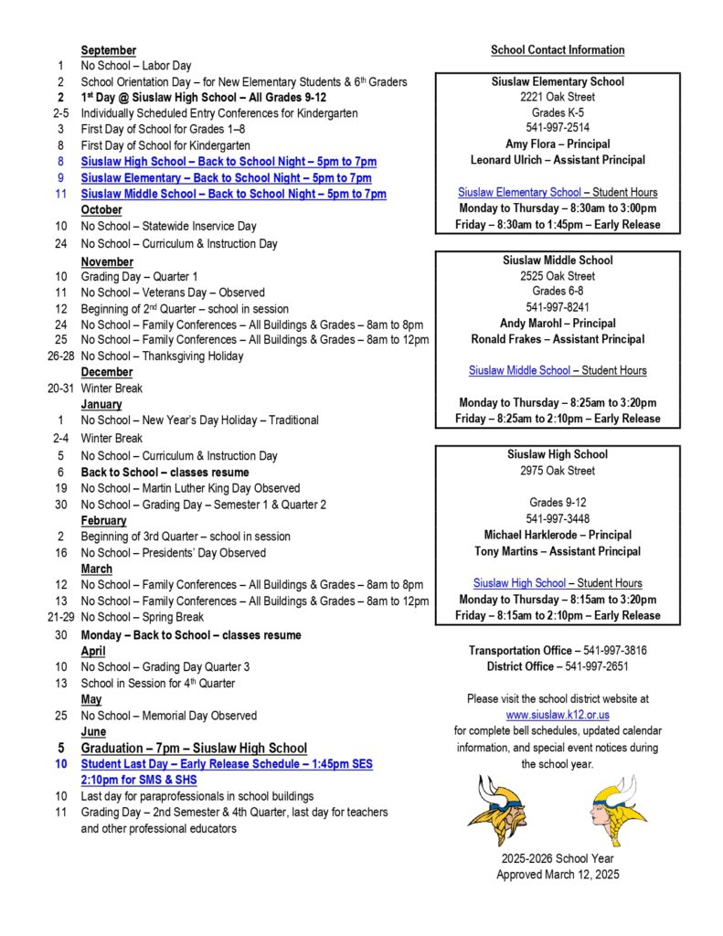 Siuslaw School District 97J 25-26, 1 calendar
