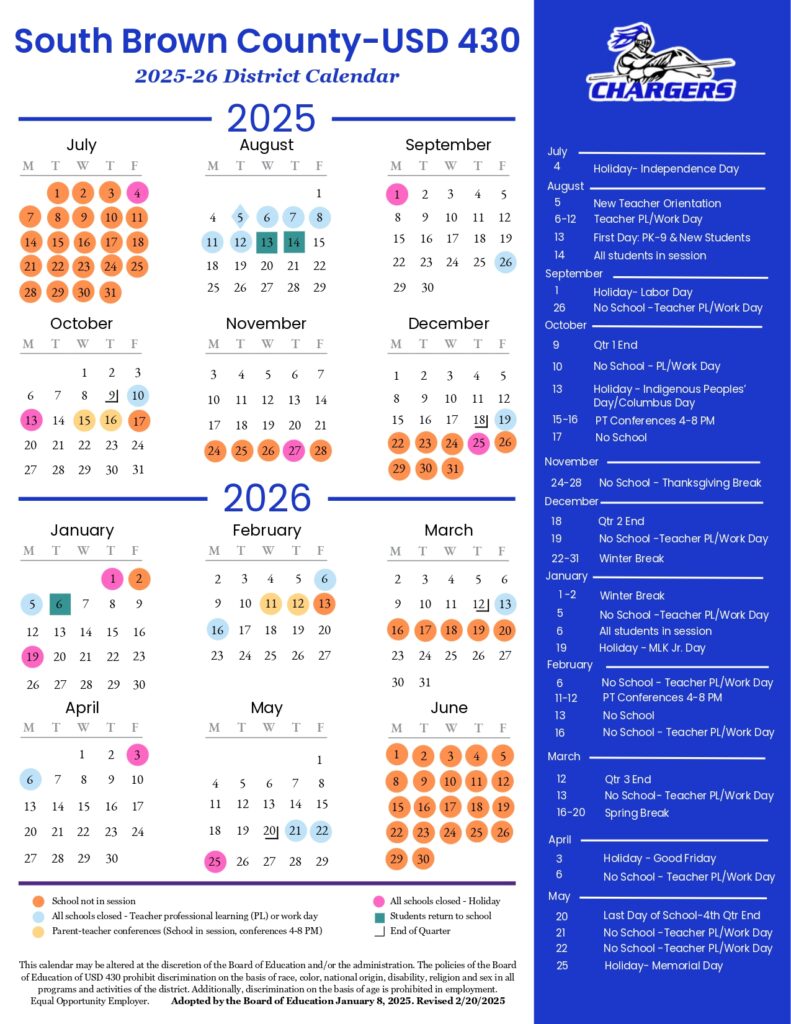 South Brown County calendar