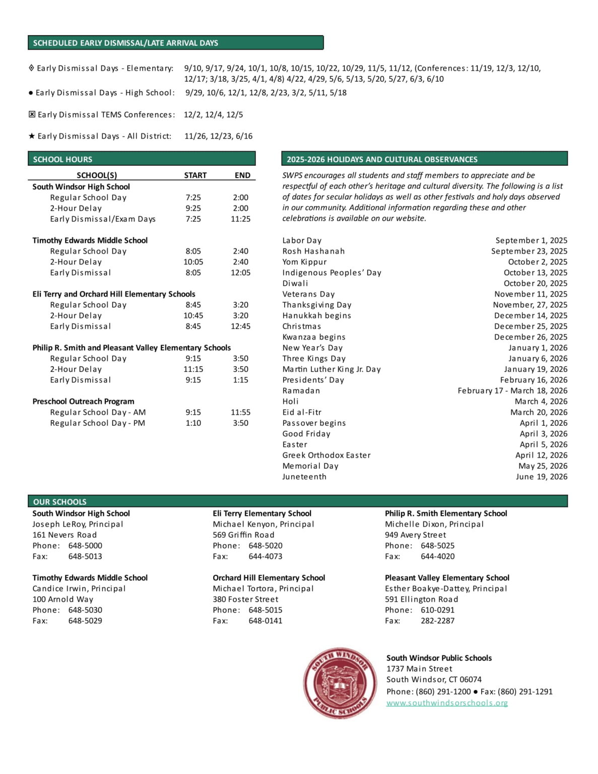 South Windsor Public Schools CT Calendar 25-26 Revised [PDF] - EduCounty