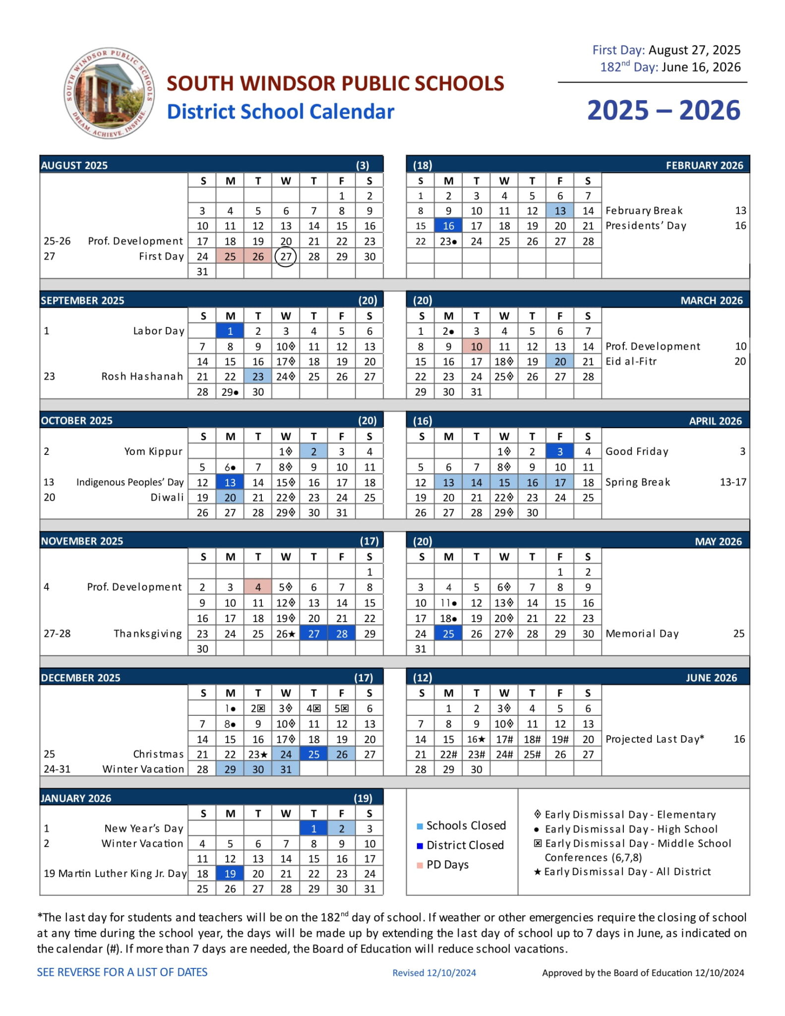 South Windsor Public Schools CT Calendar 25-26 Revised [PDF] - EduCounty