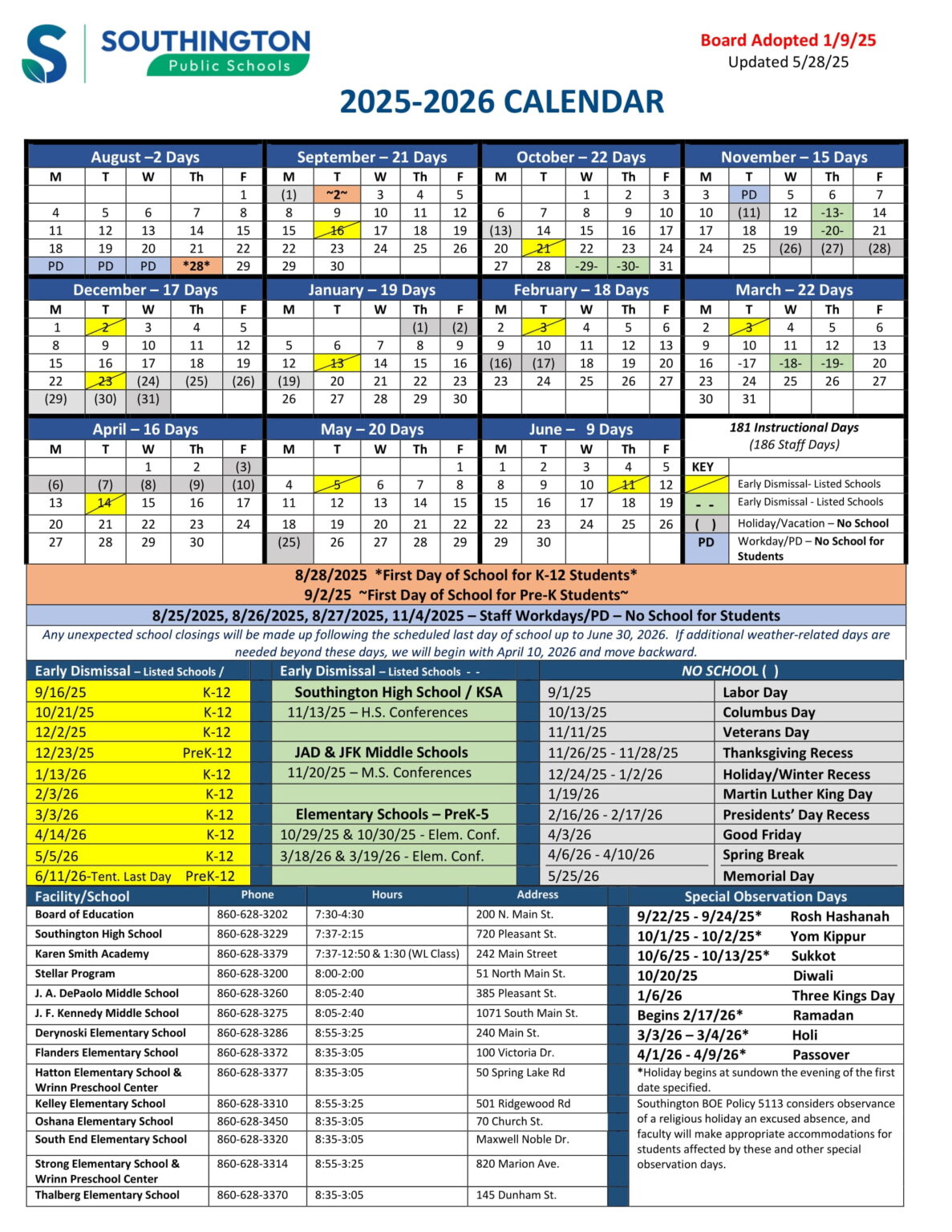 Southington Public Schools CT Calendar 25-26 Revised [pdf] - EduCounty