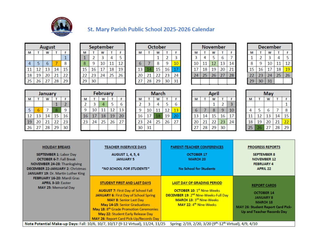 St. Mary Parish Public Schools calendar