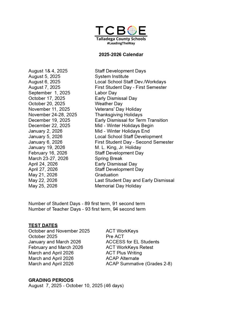 Talladega County Schools AL Calendar 25 26 Revised pdf EduCounty