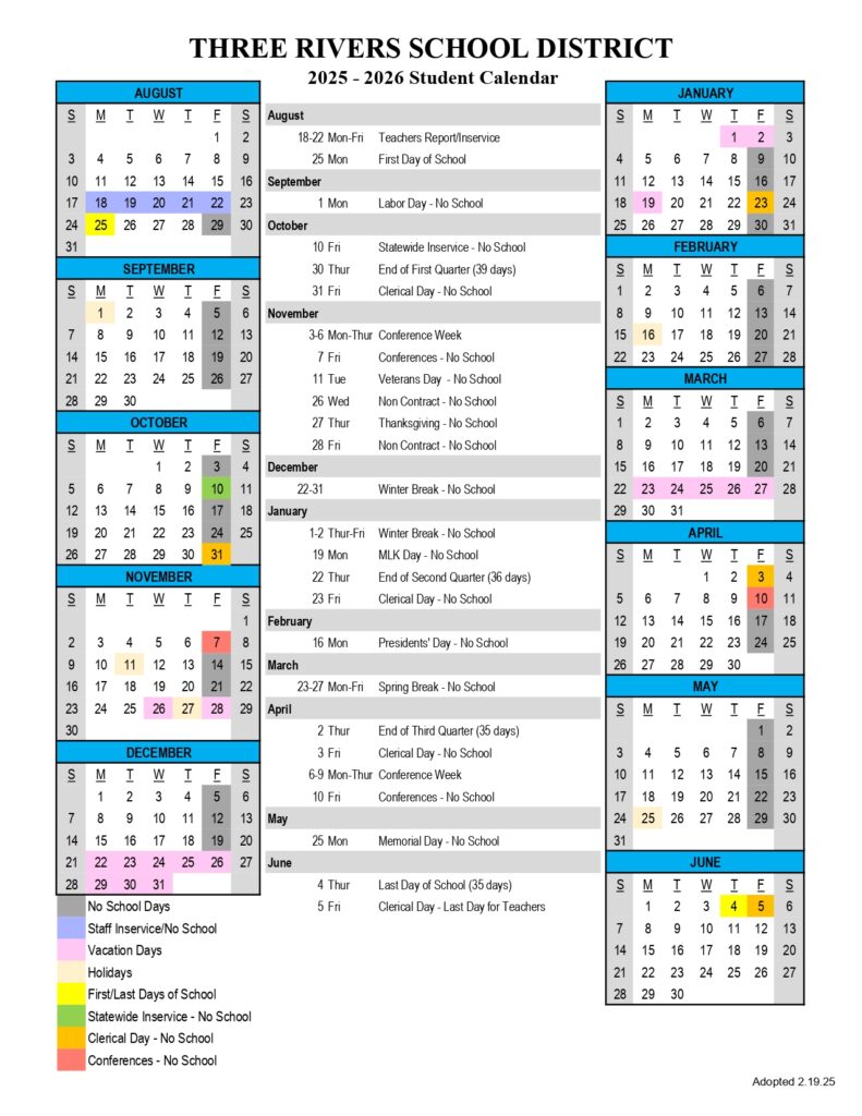 THREE RIVERS SCHOOL DISTRICT 25-26 calendar