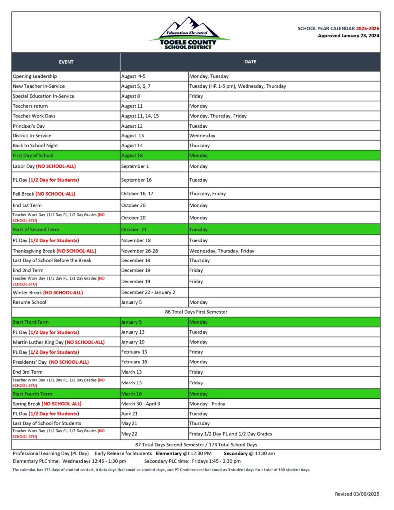 Tooele County School District calendar