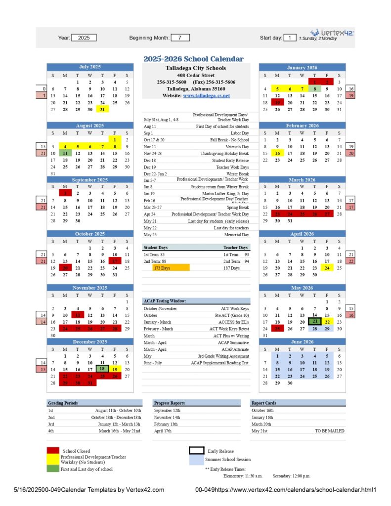 Talladega City Schools, 25-26 calendar