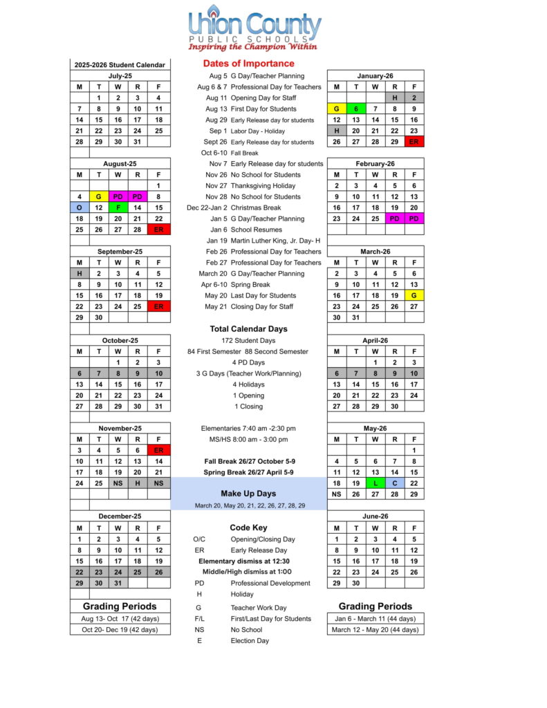 UNION COUNTY PUBLIC SCHOOL CALENDAR