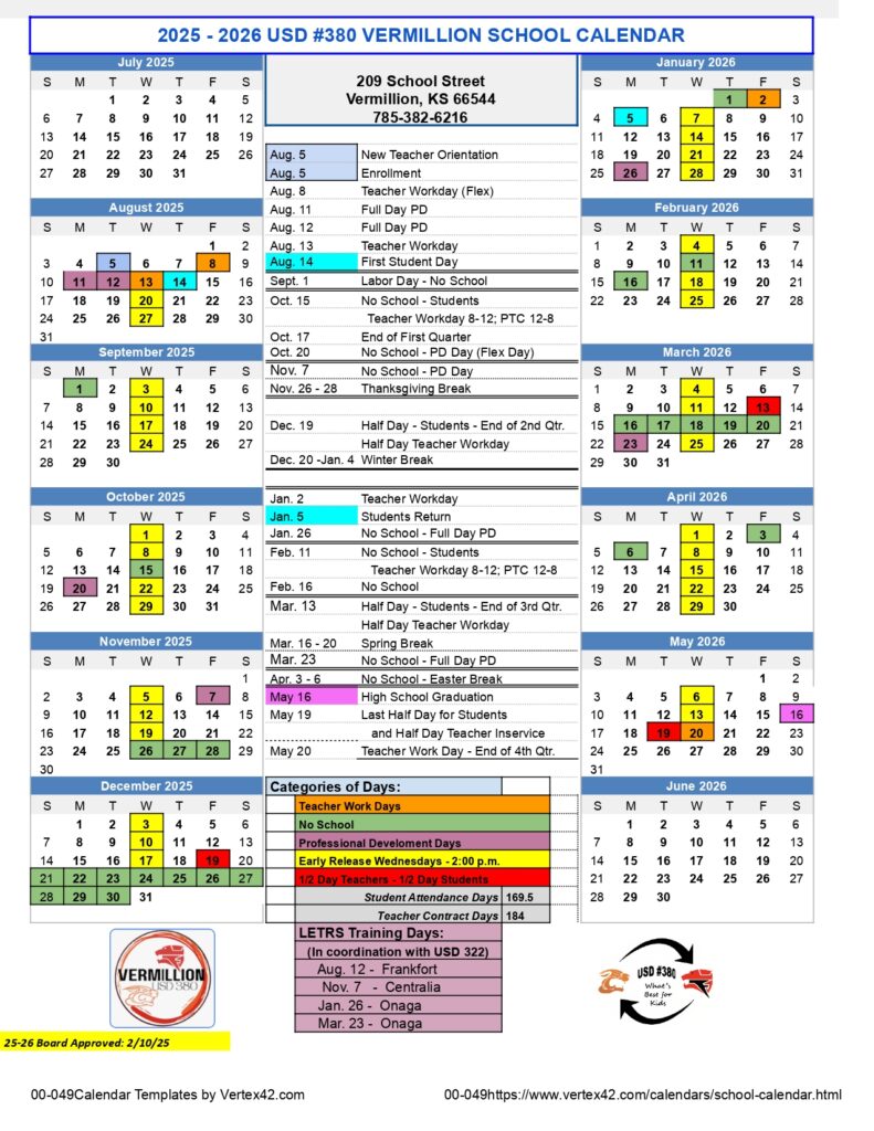 USD #380 Vermillion School 25-26 calendar
