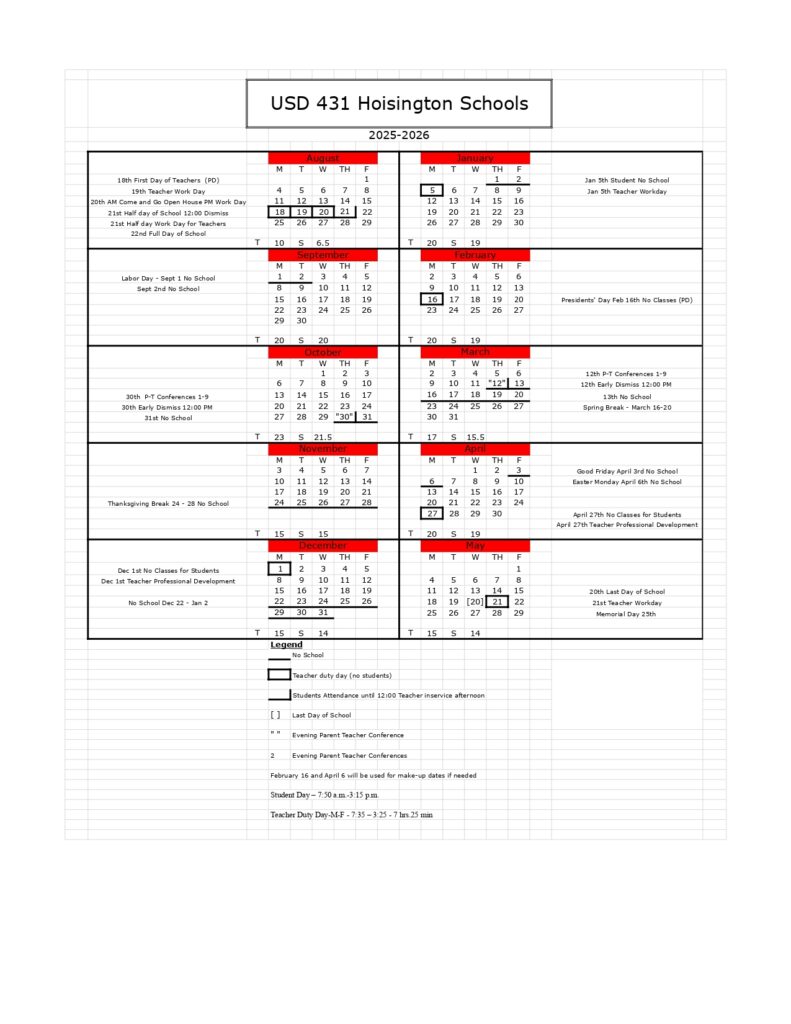 USD 431 Hoisington Schools 25-26 calendar