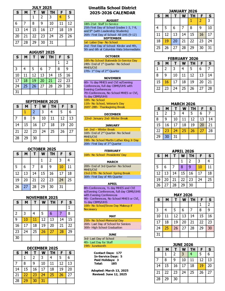 Umatilla School District 25-26, 1 CALENDAR