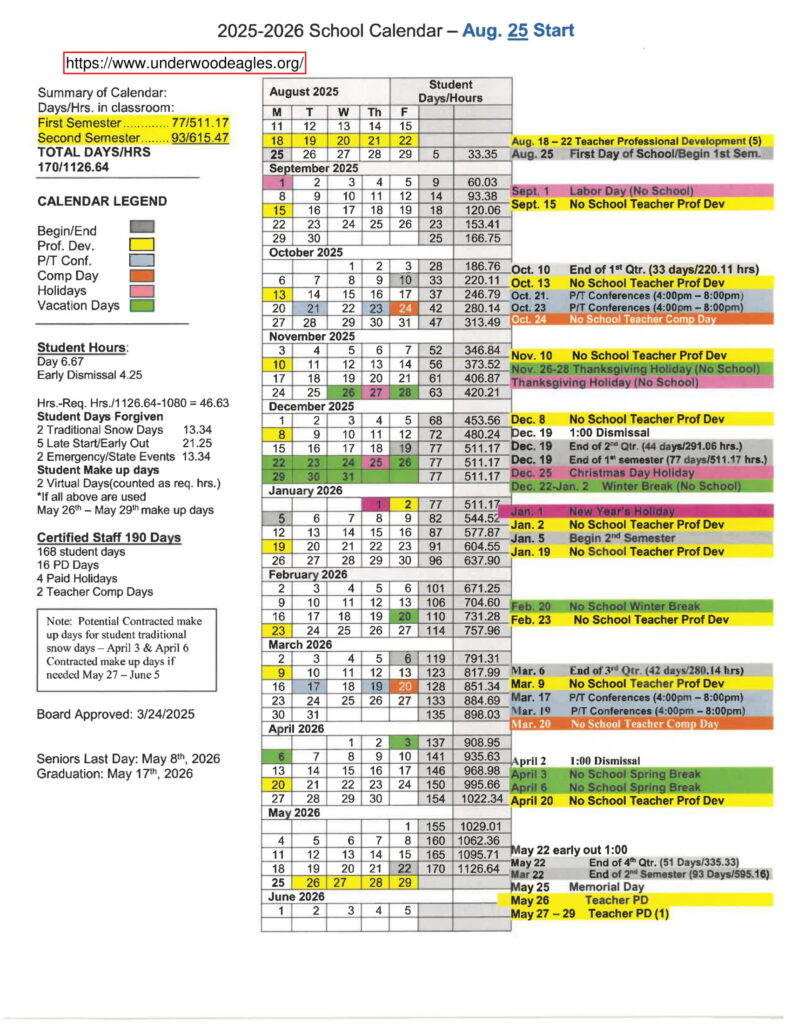 Underwood Community School District calendar